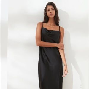 Cowl neck black satin slip dress